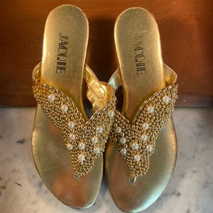JACQIE Gold and Pearl Beaded Sandals Size 7